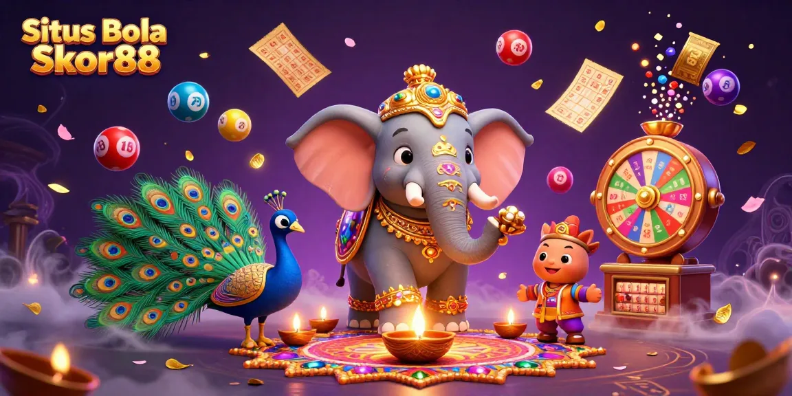 Situs Bola Skor88 features an exciting elephant-themed betting scene with vibrant dynamic lottery elements.