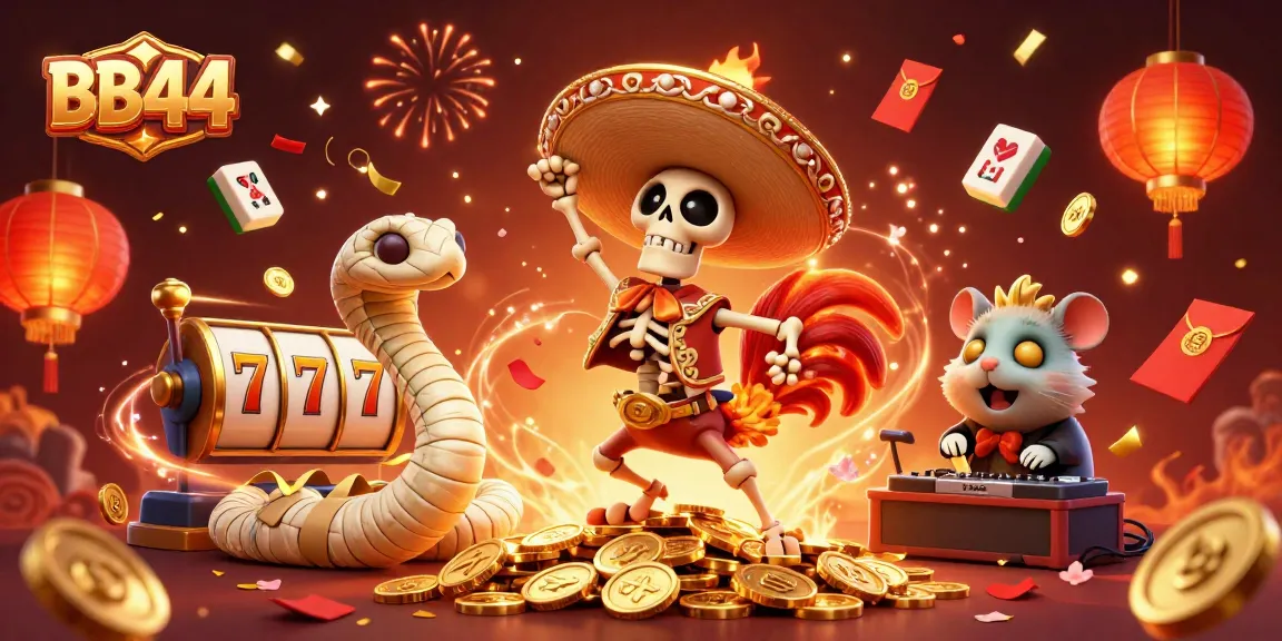 BB44 brings excitement to online gaming with colorful characters dancing amid golden coins in a vibrant casino scene.