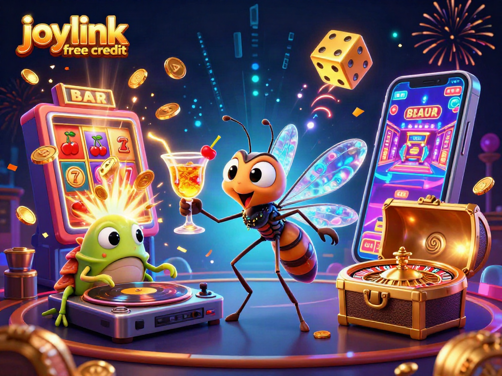 Spin for joylink free credit at an exciting casino-themed digital illustration featuring lively characters.