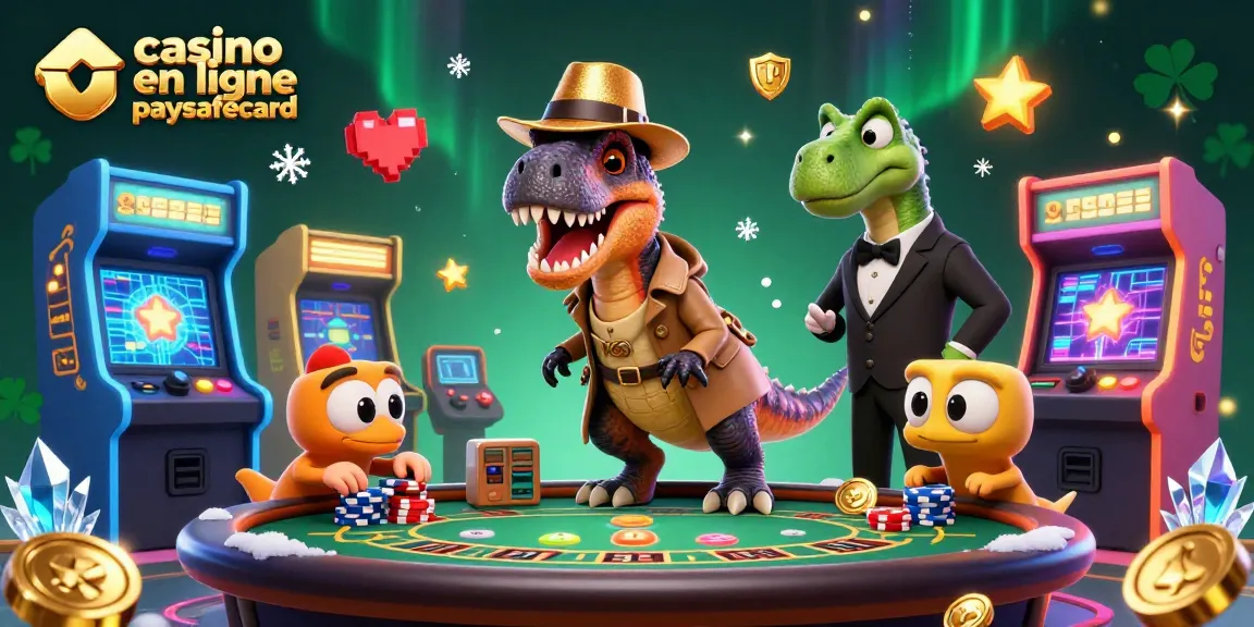 Découvrez le casino en ligne paysafecard avec un velociraptor joueur au blackjack, entouré de machines colorées.