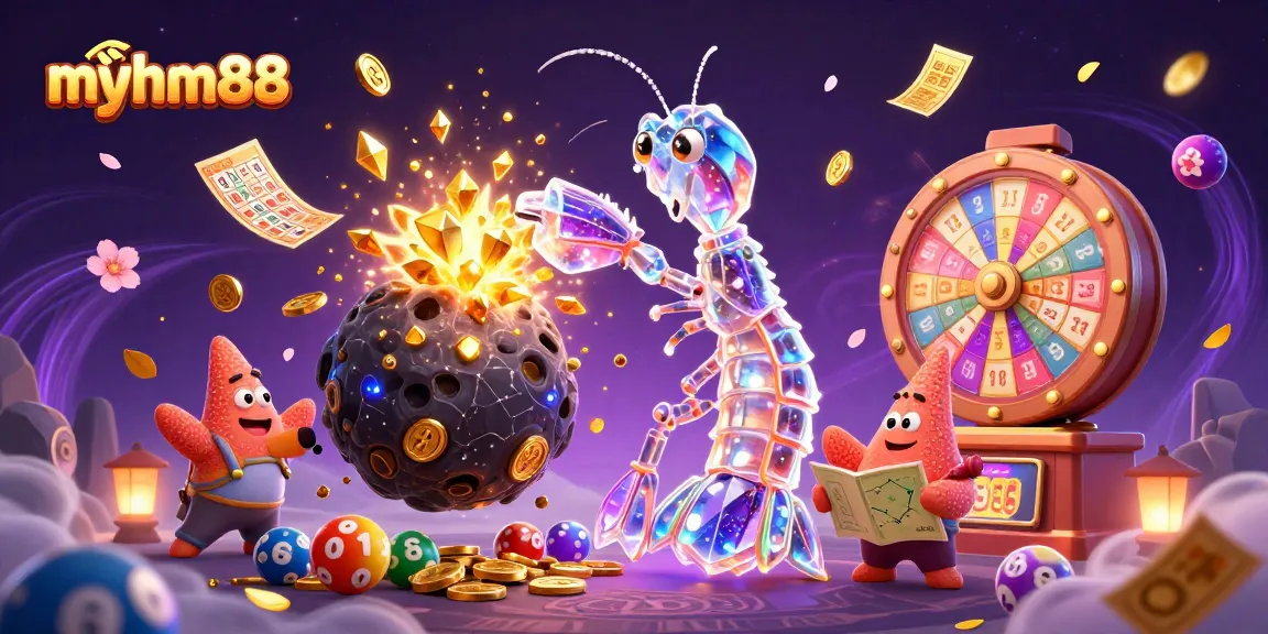 Witness myhm88's thrilling journey through a vibrant casino world, filled with gold and dynamic lottery elements.