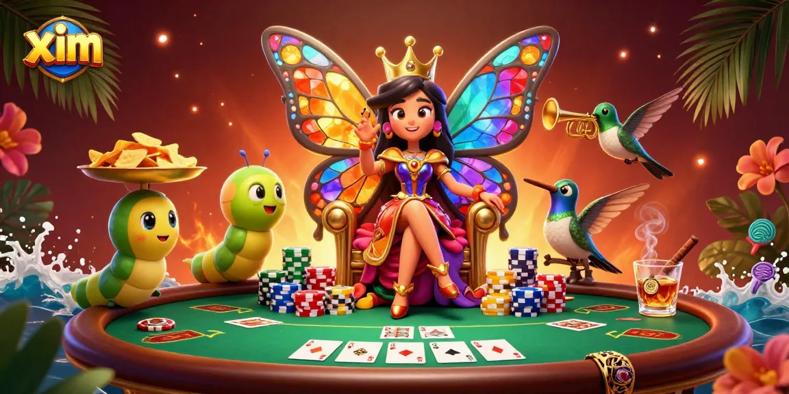 Engage in thrilling gameplay at xim, with a vibrant casino scene featuring a butterfly queen and poker elements.
