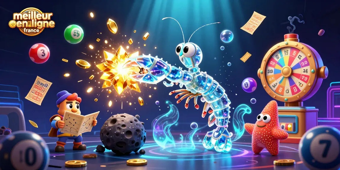 Illustration dynamique du meilleur casino en ligne France, mettant en scène un samouraï mante en armure cristalline et des boules de loterie colorées.