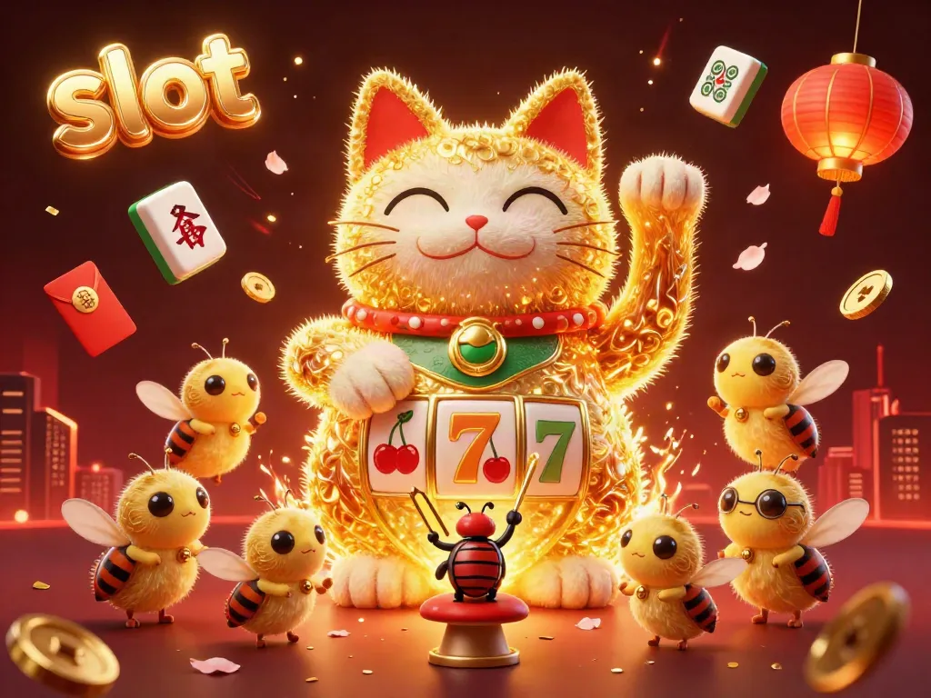 Engage with exciting slot games featuring a golden lucky cat surrounded by casino symbols and festive elements.