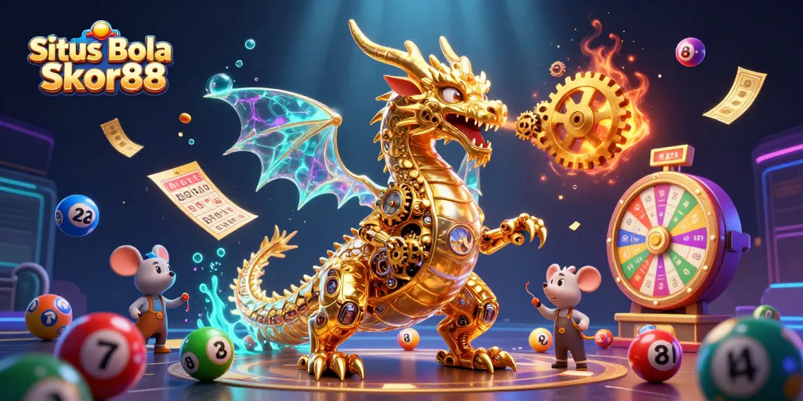 Situs Bola Skor88 reveals a spectacular scene of playful gambling with vibrant lottery elements and a vibrant dragon.