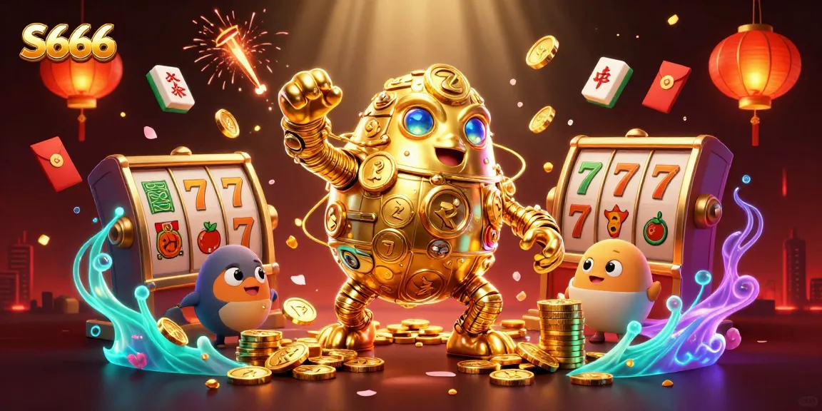Experience thrilling S666 moments with a dynamic golden golem and vibrant casino elements.