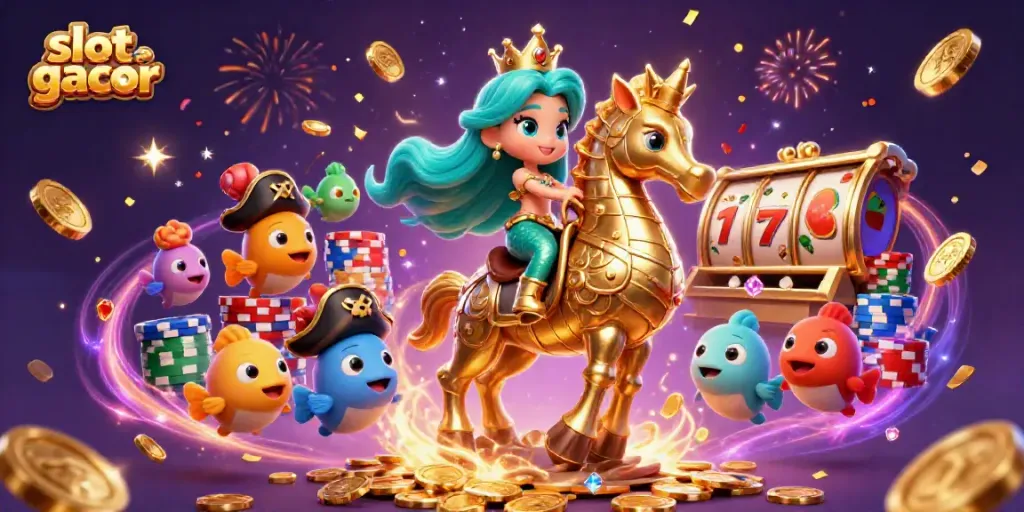 Experience thrilling slot gacor action with a vibrant casino scene showcasing colorful mermaid princess and pirate fish.