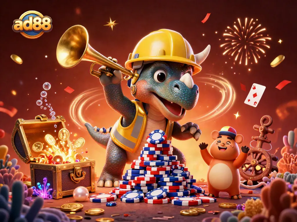Exciting ad88 casino scene with cartoon dinosaurs celebrating amidst gold coins and poker chips.