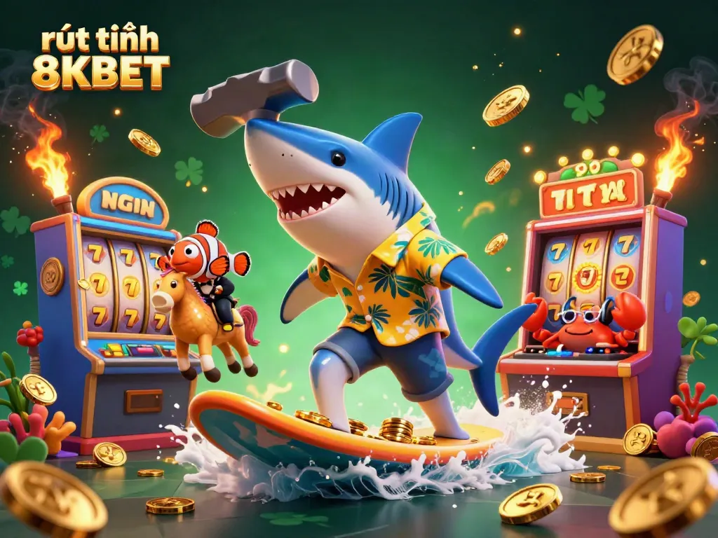 Experience rút tiền 8KBET with engaging visuals of a shark and clownfish surfing on gold coins in a vibrant casino scene.
