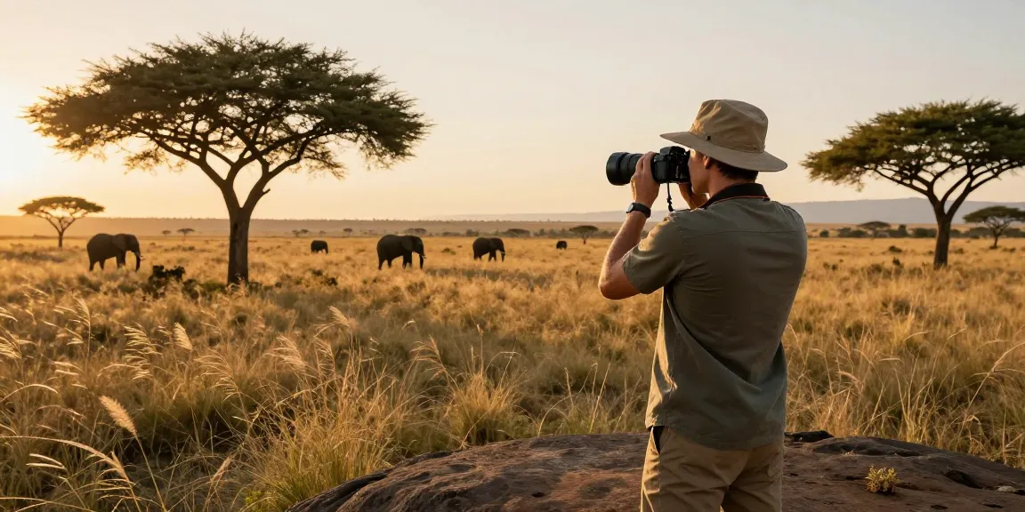 NAGA2000 traveler enjoying a sunset at Kidepo Valley National Park with wildlife in the background.