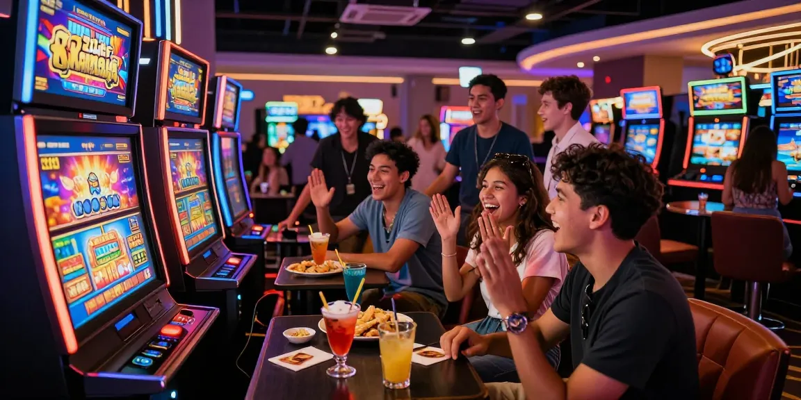 Excited friends playing slot kamboja in a lively casino setting.