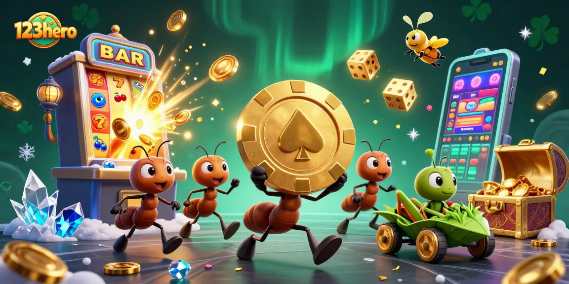 Experience the thrills of 123hero casino with ants heisting a giant poker chip in a vibrant scene.