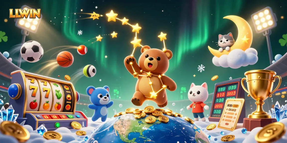LLWIN offers vibrant gaming experiences showcased by a 3D cartoon constellation bear and lively casino elements.