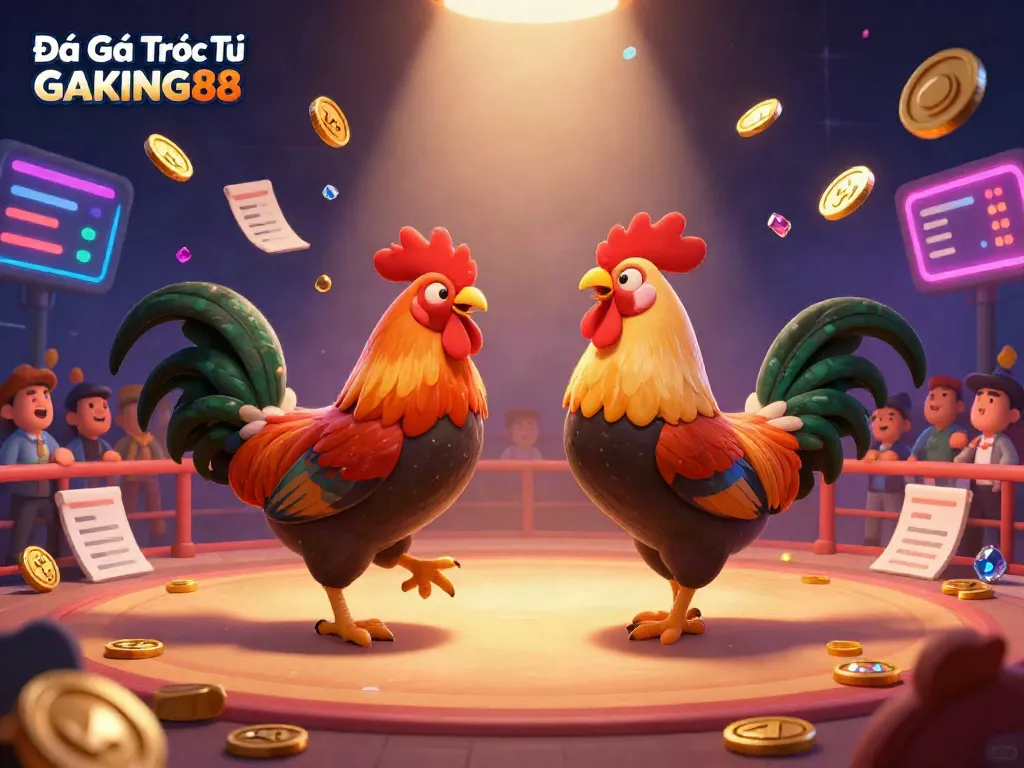Experience the thrill of Đá Gà Trực Tiếp GAKING88 through vivid illustrations capturing cockfighting excitement.