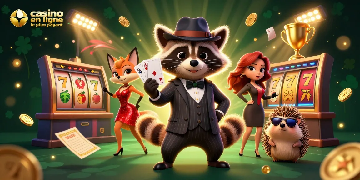Illustration d'un casino en ligne le plus payant avec un raton laveur, une renarde et un hérisson, entourés de jeux d'argent.