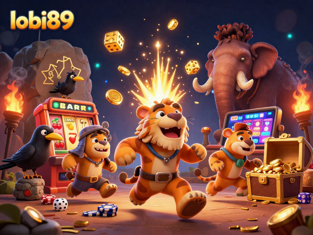 Permainan seru di lobi89 dengan simbol slot menarik dan karakter lucu dalam desain 3D.