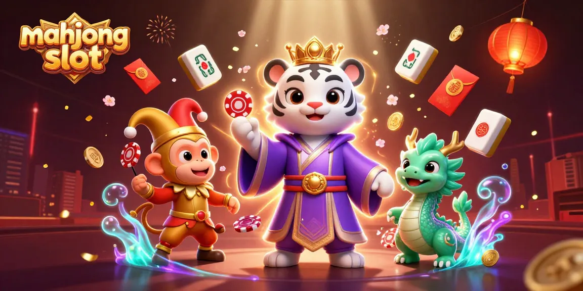 Engage with the mahjong slot gameplay depicted through animated characters and colorful elements.