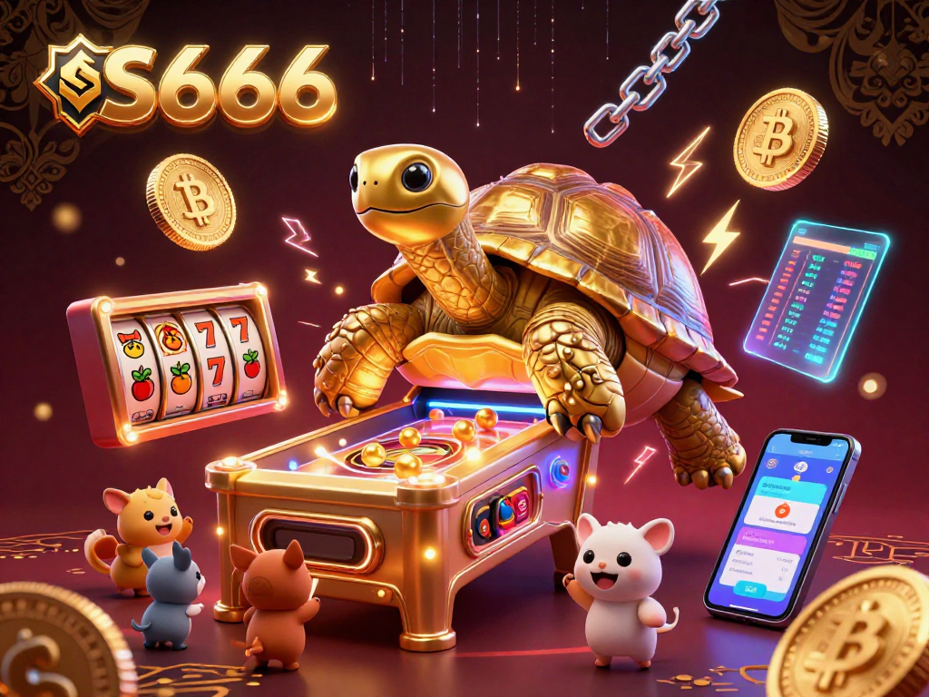 S666 offers thrilling slot action with a colossal golden tortoise pinball machine, lively animals, and crypto elements.