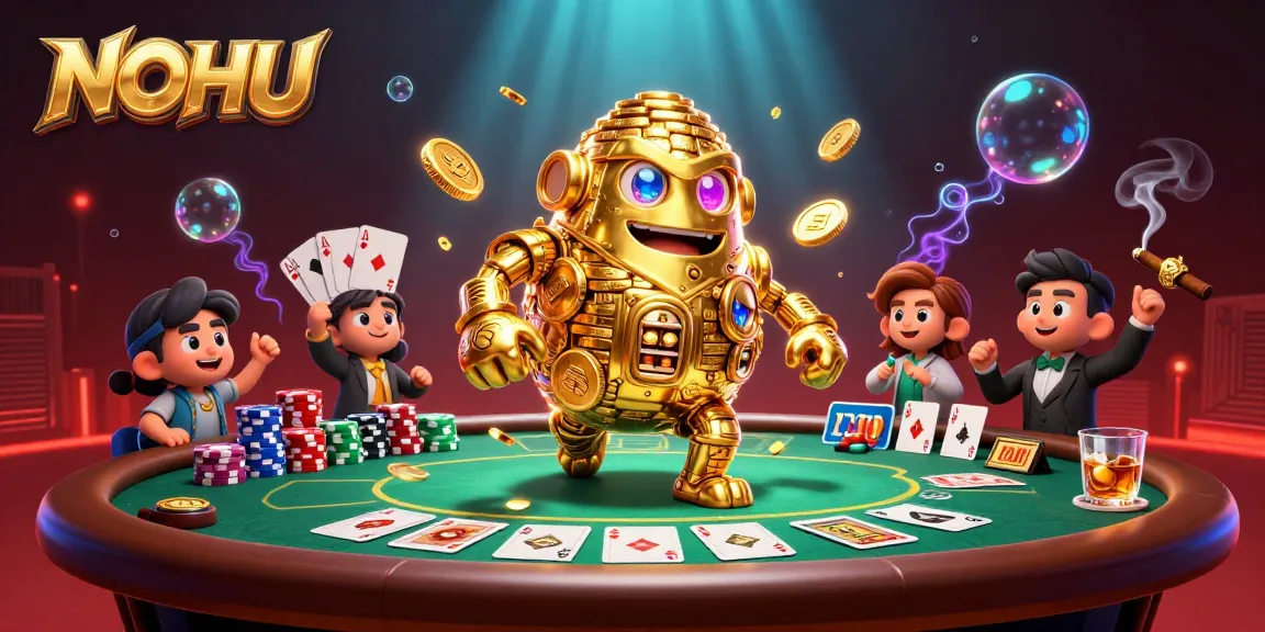 NOHU showcases an engaging casino scene with a golden golem and dynamic poker elements.