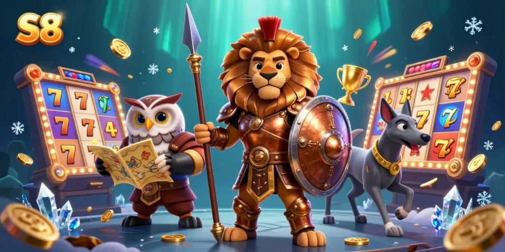 Experience the excitement of S8 gaming with a dynamic scene of a Spartan lion, owl strategist, and swift greyhound amidst casino reels.