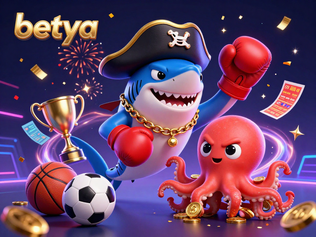 Betya's vibrant 3D casino sports betting illustration featuring a shark, pufferfish, and octopus amidst dynamic action.