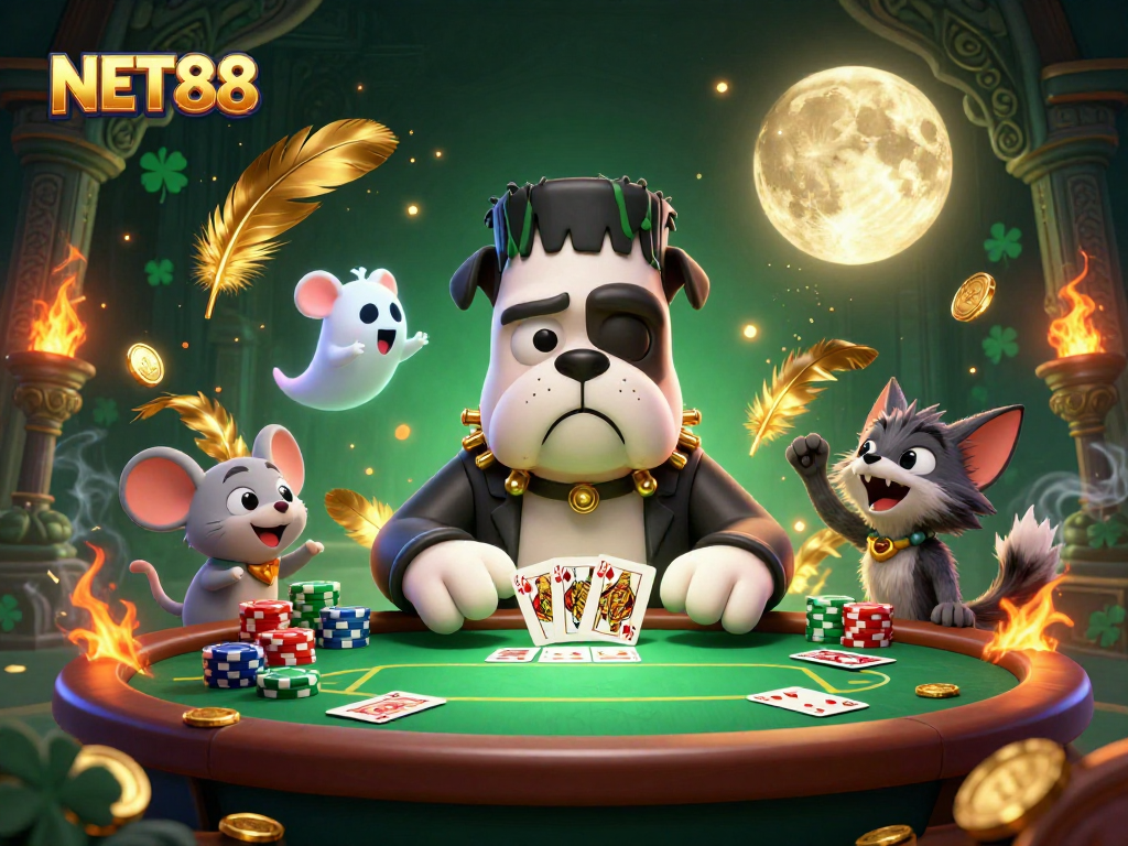 Experience thrilling poker action with NET88's animated scene of a bulldog monster dealing cards and a werewolf kitten.