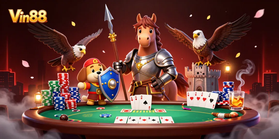 Experience thrilling gameplay at Vin88 with a captivating poker scene featuring knights and gameplay elements.
