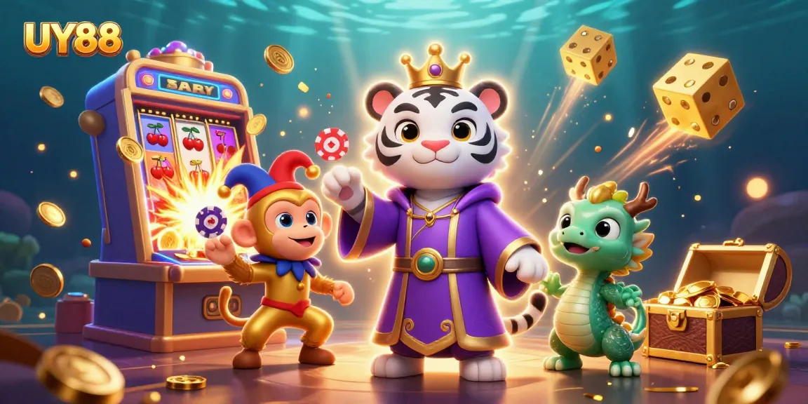 Experience thrilling gameplay with UY88 in a vibrant, colorful casino scene full of dynamic elements.
