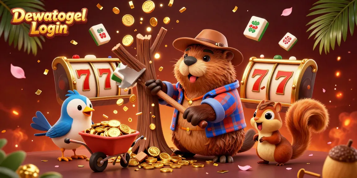 Dewatogel Login reveals a joyful beaver collecting golden coins in a vibrant casino-themed scene.