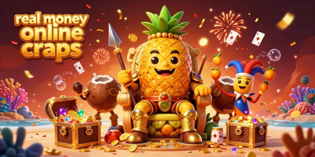 Engage in real money online craps with our vibrant 3D illustration featuring a golden pineapple king and festive elements.