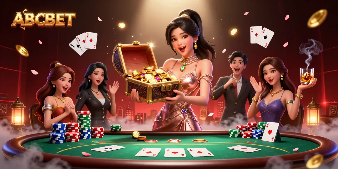 Experience thrilling ABCBET gaming with a joyful woman showcasing treasure in a vibrant casino scene.