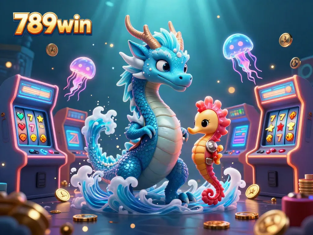 Engaging 3D art of a water dragon and seahorse knight celebrating 789win with slot reels and coins.