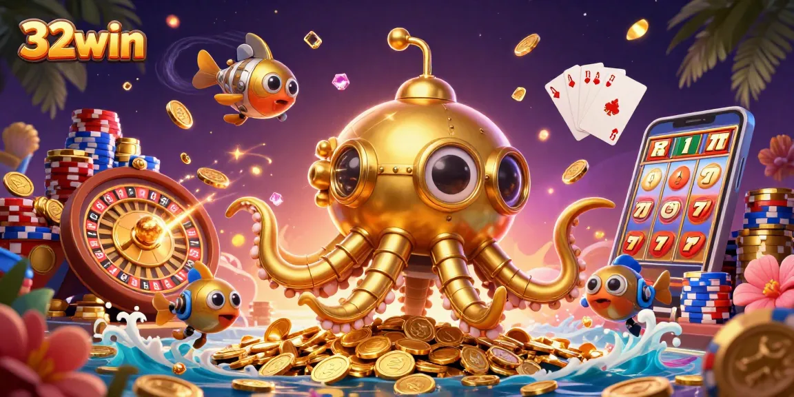 Engage with exciting 32win casino adventures featuring a golden kraken submarine amidst vibrant game elements.