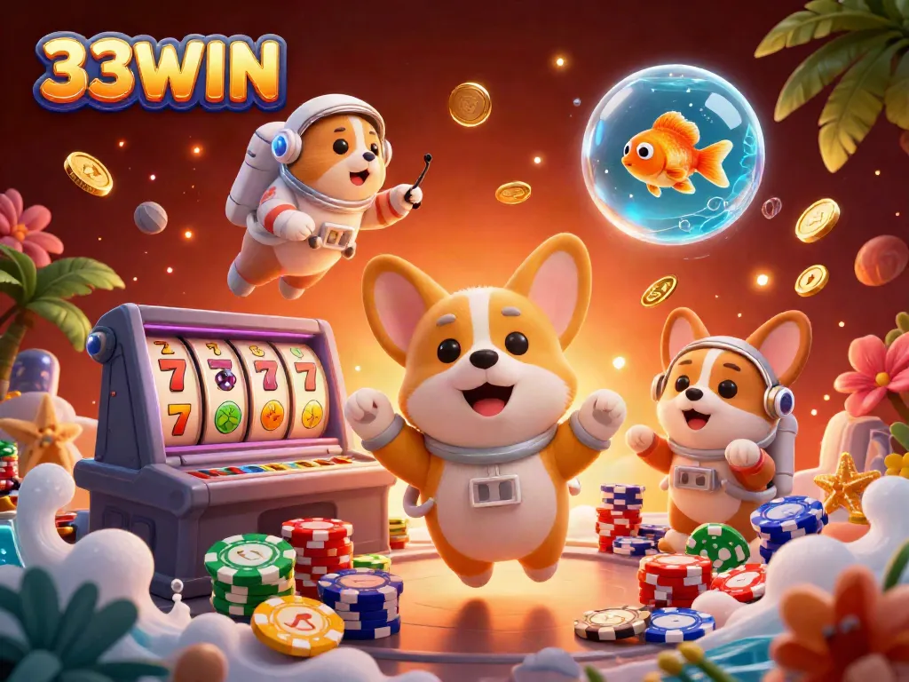Experience thrilling gameplay with 33WIN featuring an astronaut corgi, slot reels, and poker chips in a vibrant casino atmosphere.