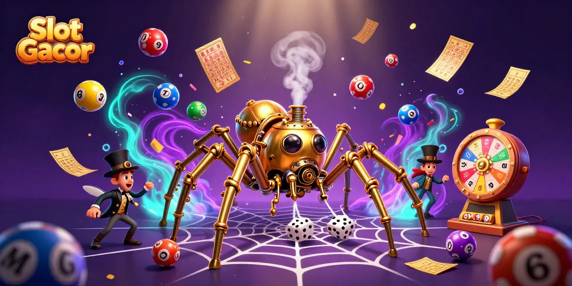 Engage in Slot Gacor action with a vibrant 3D scene featuring a fun steampunk spider and playful gambling elements.
