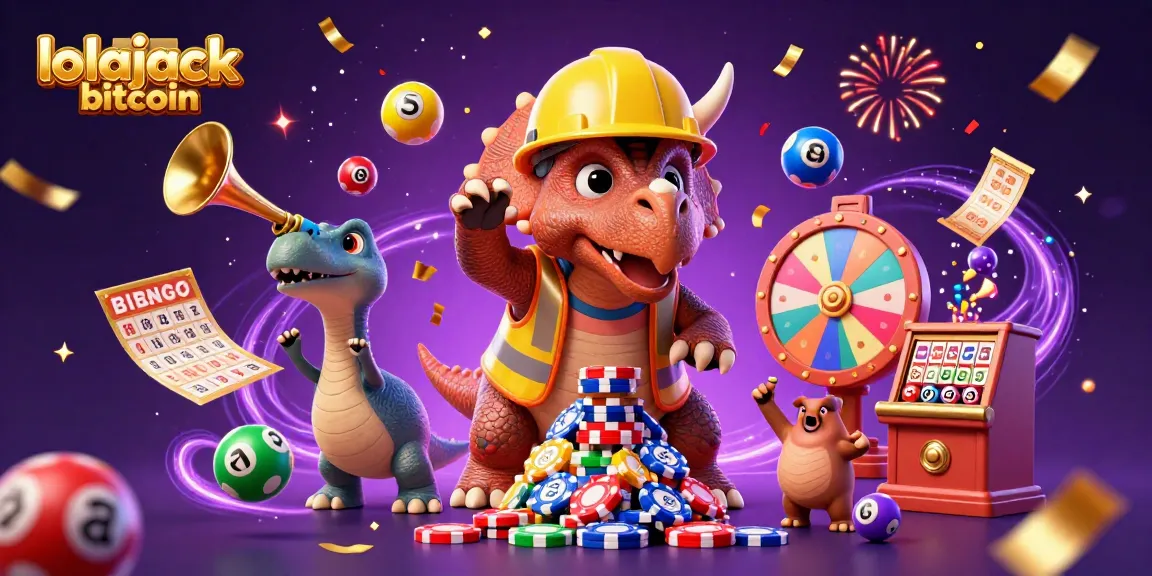 Celebrate with lolajack bitcoin as a triceratops builds poker chip pyramids in this vibrant casino scene.