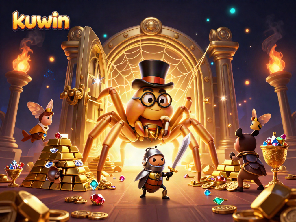 Kuwin gaming adventure featuring a giant golden tarantula and a beetle knight amidst treasures and casino elements.