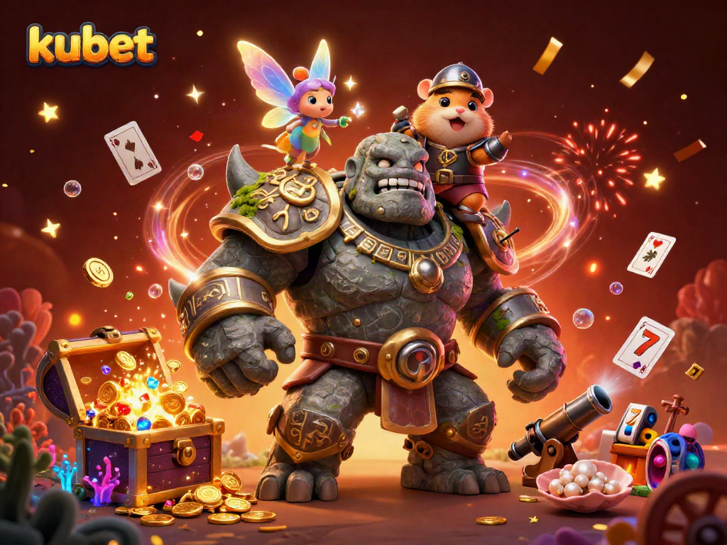 Engage with kubet's exciting slots, featuring a golem, fairy, and hamster knight in vibrant 3D art.
