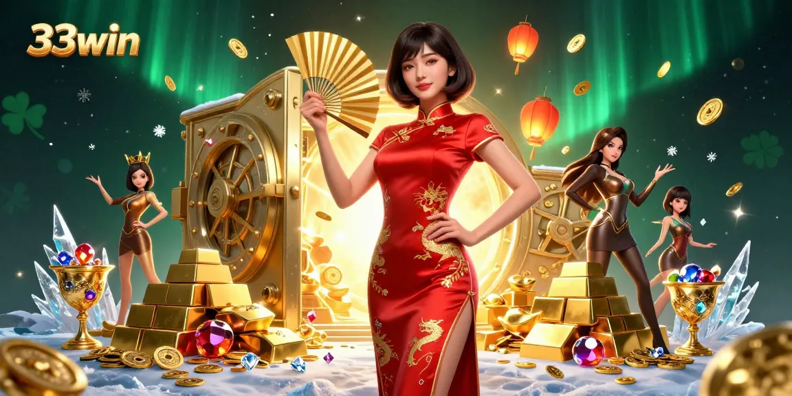 Experience thrilling casino action with 33win featuring stunning visuals of gold, gems, and an enchanting character.