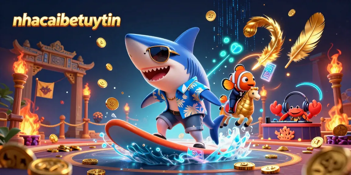 Engage in thrilling slots with nhacaibetuytin's vibrant illustration featuring fun characters and dynamic casino elements.