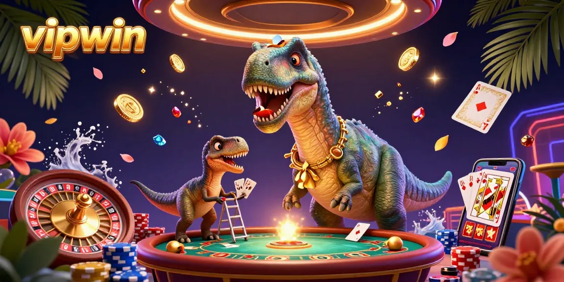 Experience the excitement of vipwin with a vibrant 3D casino scene featuring a brontosaurus, clever raptor, and dynamic game elements.