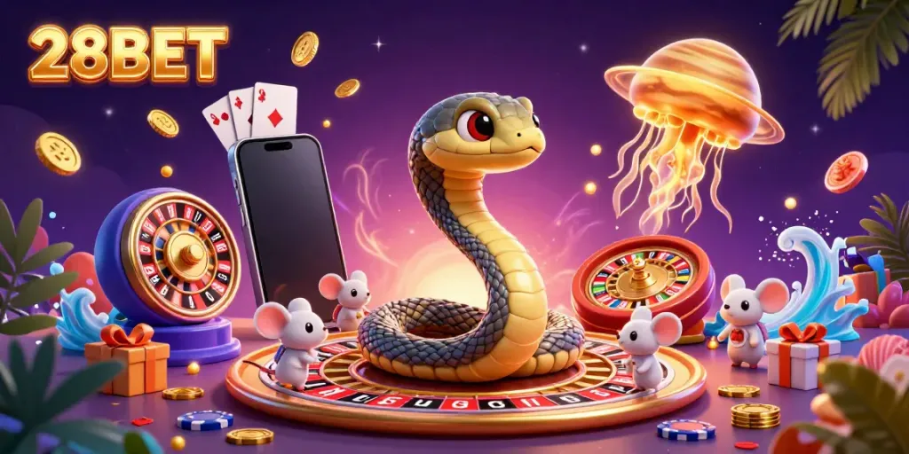 Engage in cosmic betting excitement at 28BET with astronaut mice and a roulette snake in a vibrant casino scene.