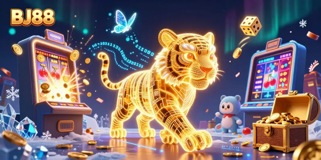 Experience the vibrant energy of BJ88 with golden tiger and dynamic casino elements in a stunning 3D illustration.