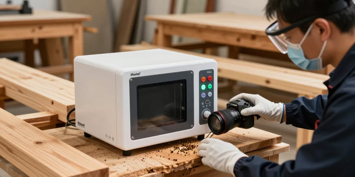 Shashel microwave technology eliminating wood-boring insects in a professional wood treatment environment.