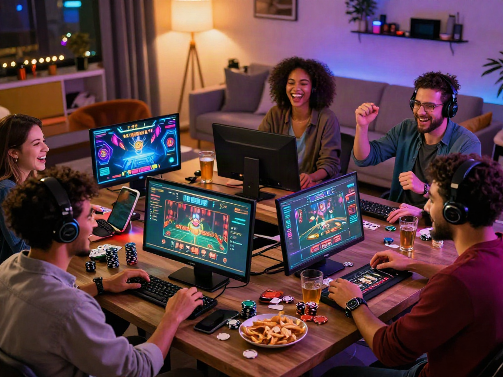 Situs casino gaming scene with friends enjoying virtual casino games in a vibrant living space.