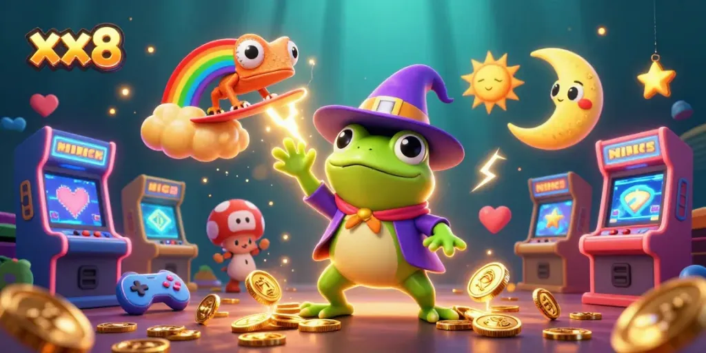 Experience exciting xx8 gaming with a whimsical storm of coins and vibrant characters in a rich casino scene.