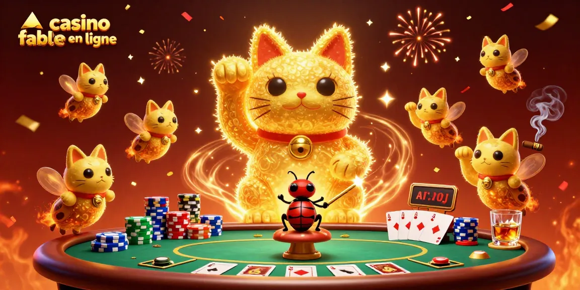 Boîte de jeux animée avec des lucioles dorées et un chat porte-bonheur, casino fiable en ligne impressionnant.
