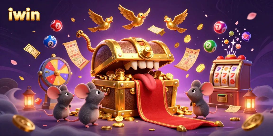 iwin casino illustration showcasing a treasure chest, lottery balls, and dynamic gaming elements
