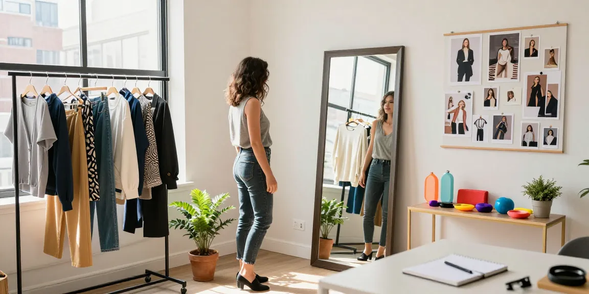 Consulente di moda che organizza il suo guardaroba capsula in un appartamento elegante, con luce naturale e accessori colorati.