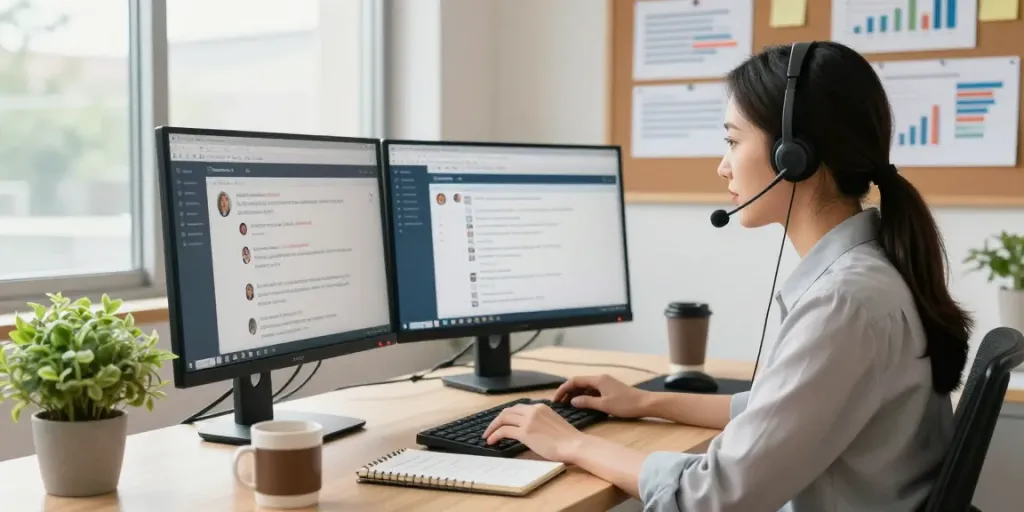 Customer support representative actively assisting clients in a modern workspace with dual monitors and office decor.
